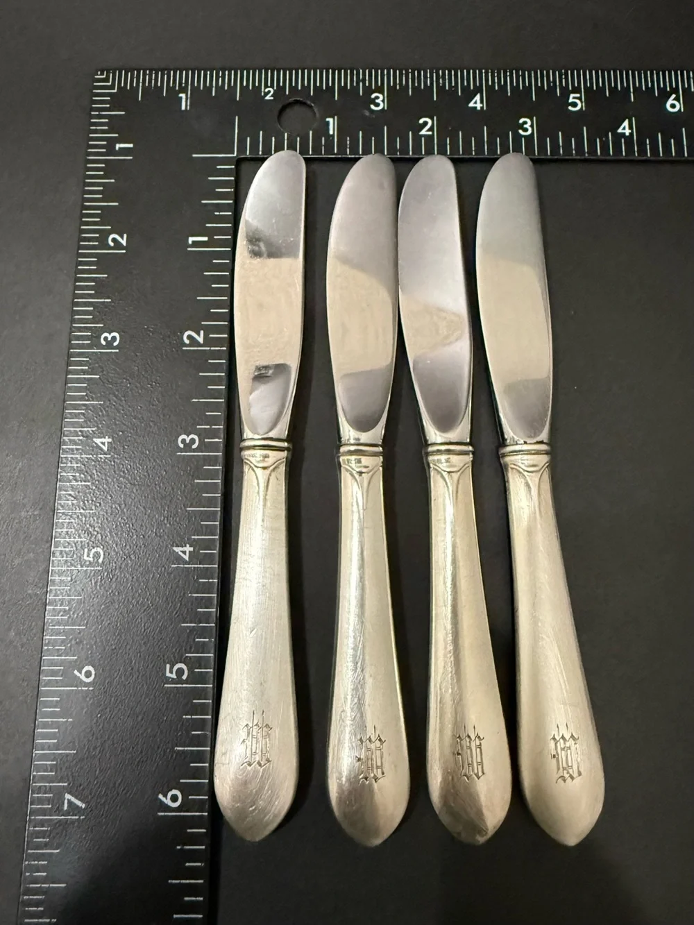 4 Vintage GORHAM Sterling Gothic Monogram W or M Hollow Handle Butter Spreader